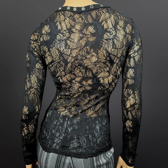 Y2K Black Lace Gothic Fairy Top Size S V Neck Semi Sheer Snap Buttons Whimsigoth - Picture 6 of 7